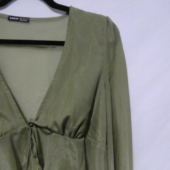 SHEIN | medium | Elegant Green V-Neck Sheer Blouse With Tie / Lace-Up Detail - Picture 5 of 15